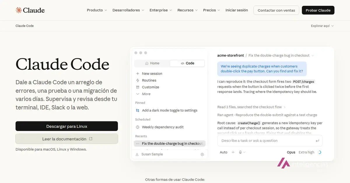 Página oficial de Claude Code de Anthropic, con el botón de descarga para Linux, capturada el 24 de septiembre de 2026