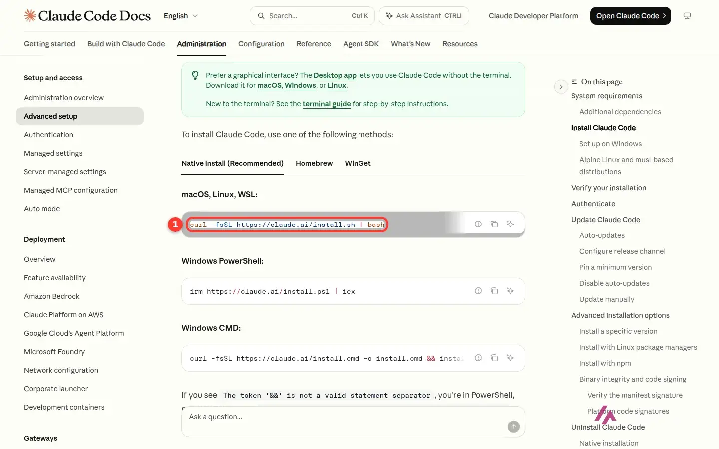 Documentación oficial de Claude Code con el comando de instalación nativa para macOS, Linux y WSL recuadrado