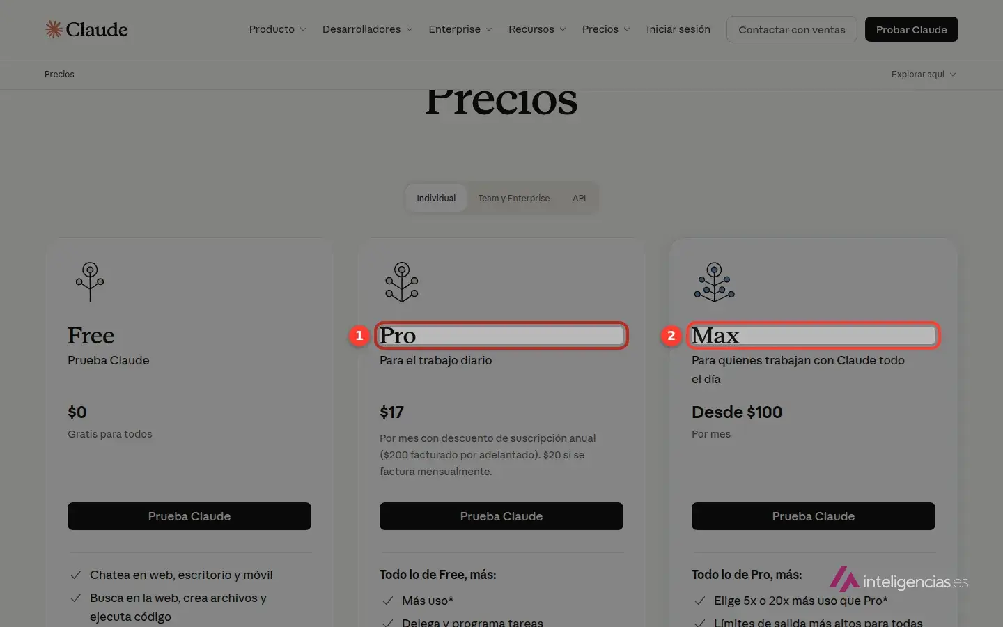 Página de precios de Claude en español el 24 de septiembre de 2026, con el plan Pro recuadrado en 17 dólares y el plan Max desde 100 dólares