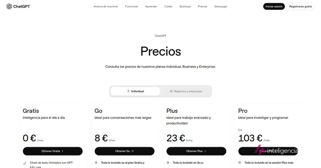 Pagina de precios de ChatGPT el 24 de septiembre de 2026 con los planes Gratis 0 euros, Go 8 euros, Plus 23 euros y Pro desde 103 euros