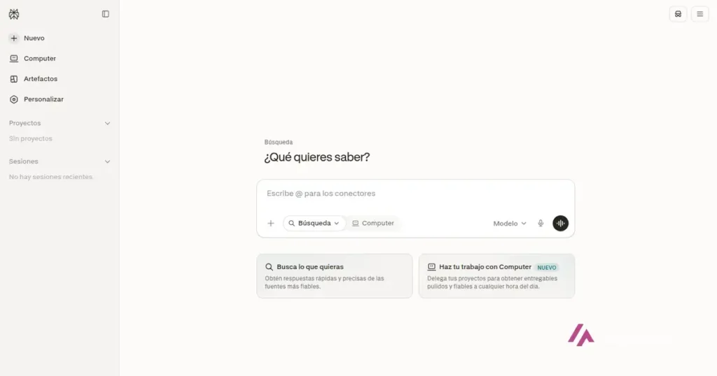 Portada de Perplexity en español sin iniciar sesión, con la caja de búsqueda y los modos Búsqueda y Computer