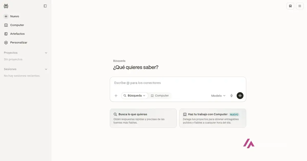 Portada de Perplexity en español sin iniciar sesión, con la caja de búsqueda y los modos Búsqueda y Computer