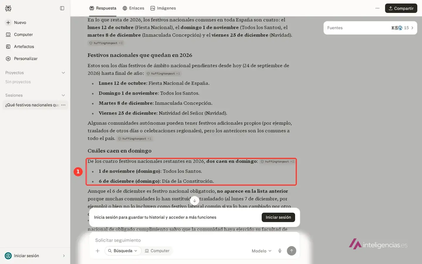 Respuesta de Perplexity sobre los festivos nacionales que quedan en España, con el párrafo que dice que dos de los cuatro caen en domingo recuadrado
