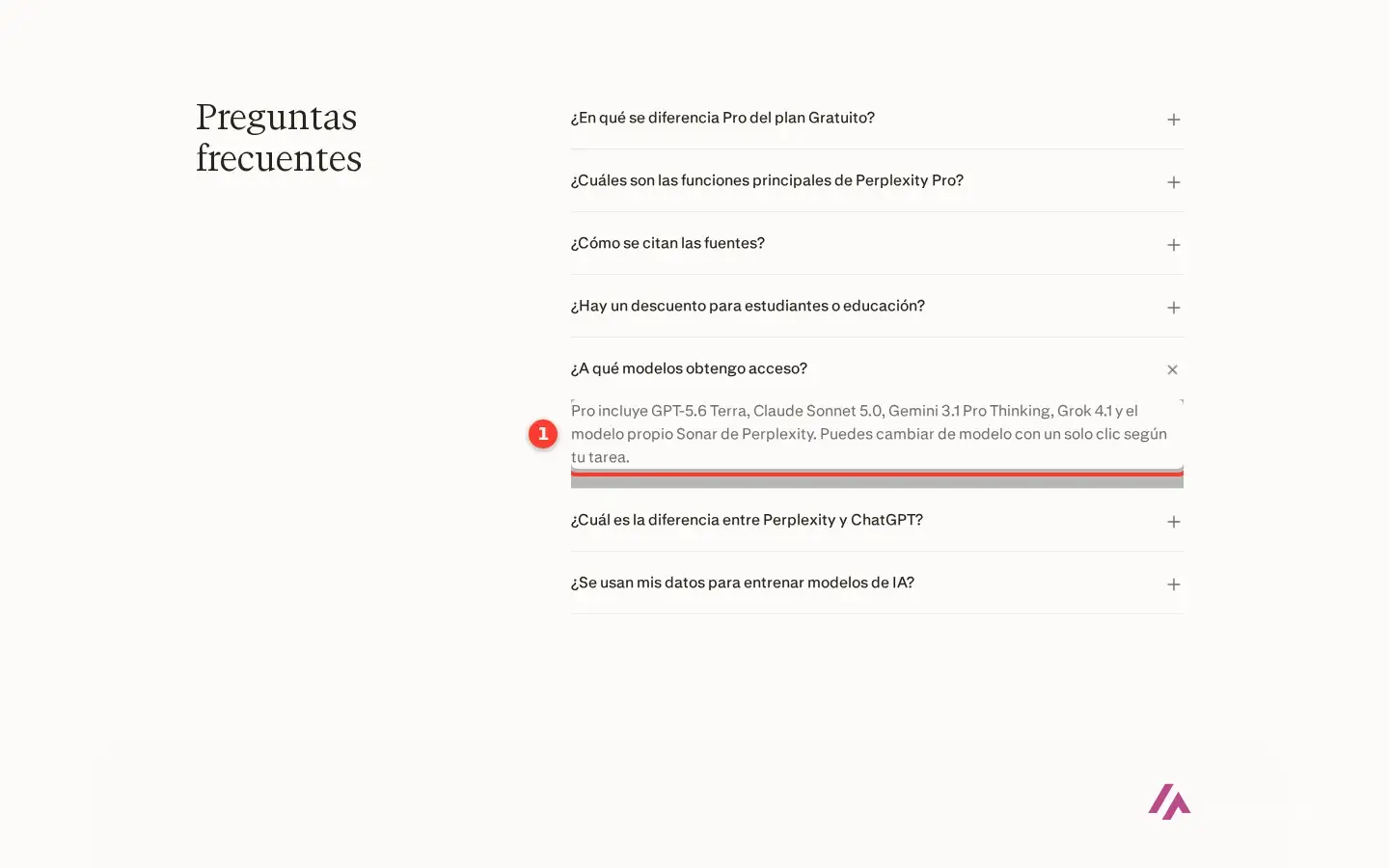 Página oficial de Perplexity Pro con la respuesta a qué modelos incluye Pro recuadrada