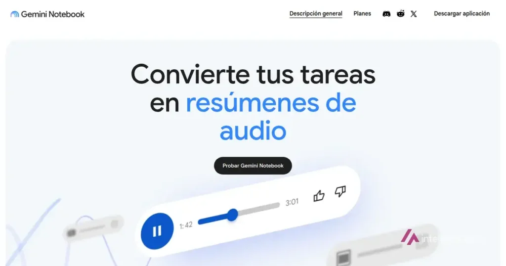 Portada de la web de Gemini Notebook con el lema Convierte tus tareas en resúmenes de audio y el botón Probar Gemini Notebook