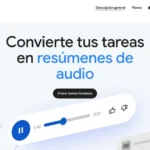 Portada de la web de Gemini Notebook con el lema Convierte tus tareas en resúmenes de audio y el botón Probar Gemini Notebook