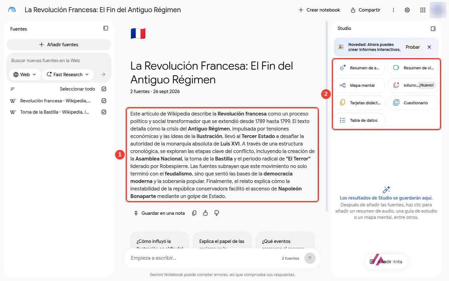 Cuaderno de Gemini Notebook con dos artículos de Wikipedia como fuentes, el resumen automático recuadrado en el centro y el panel Studio recuadrado a la derecha