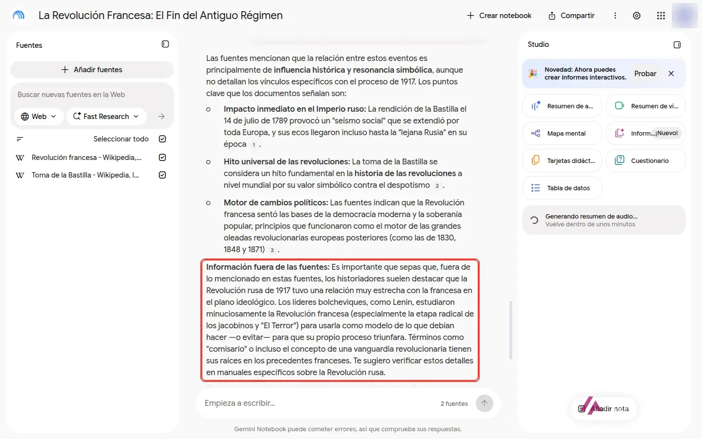 Respuesta de Gemini Notebook con el bloque Información fuera de las fuentes recuadrado, sin números de cita