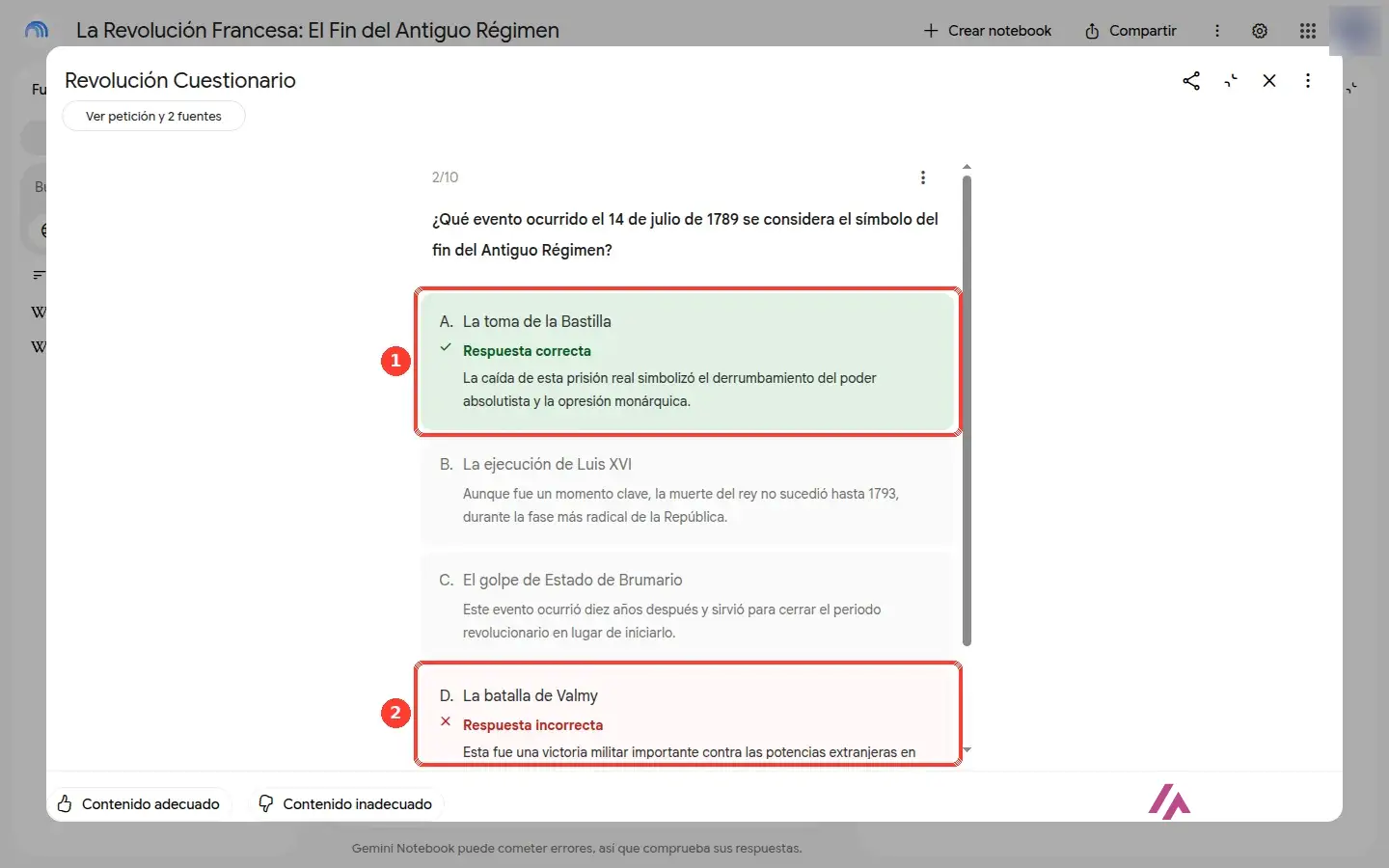 Pregunta de un cuestionario de Gemini Notebook con la respuesta correcta recuadrada en verde y la respuesta elegida por error recuadrada en rojo