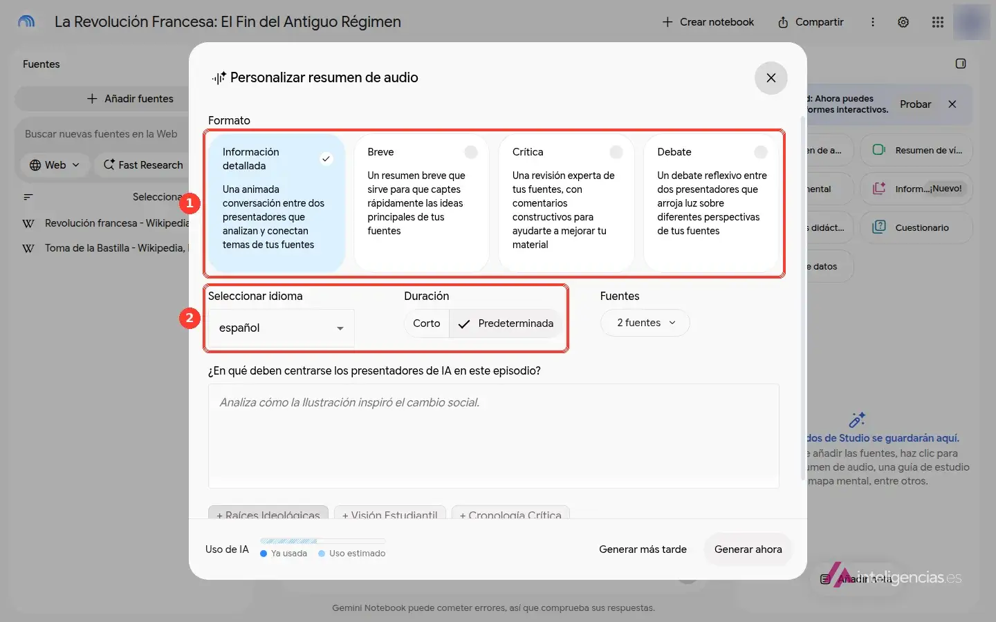 Diálogo Personalizar resumen de audio de Gemini Notebook con los cuatro formatos recuadrados y, debajo, el idioma y la duración