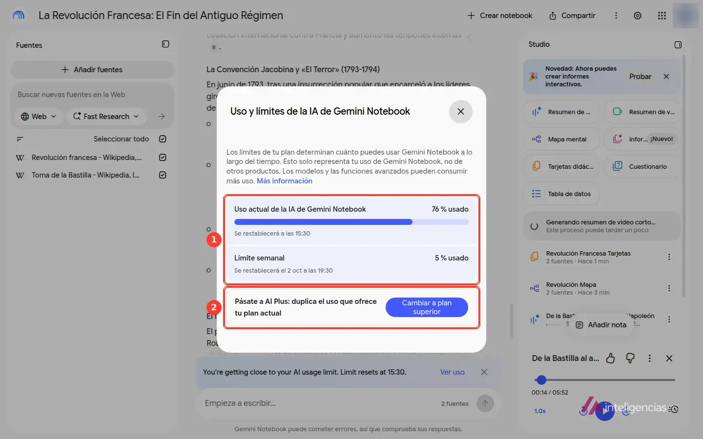 Diálogo Uso y límites de la IA de Gemini Notebook con el contador de uso actual y el límite semanal recuadrados, y debajo la oferta para pasar a AI Plus