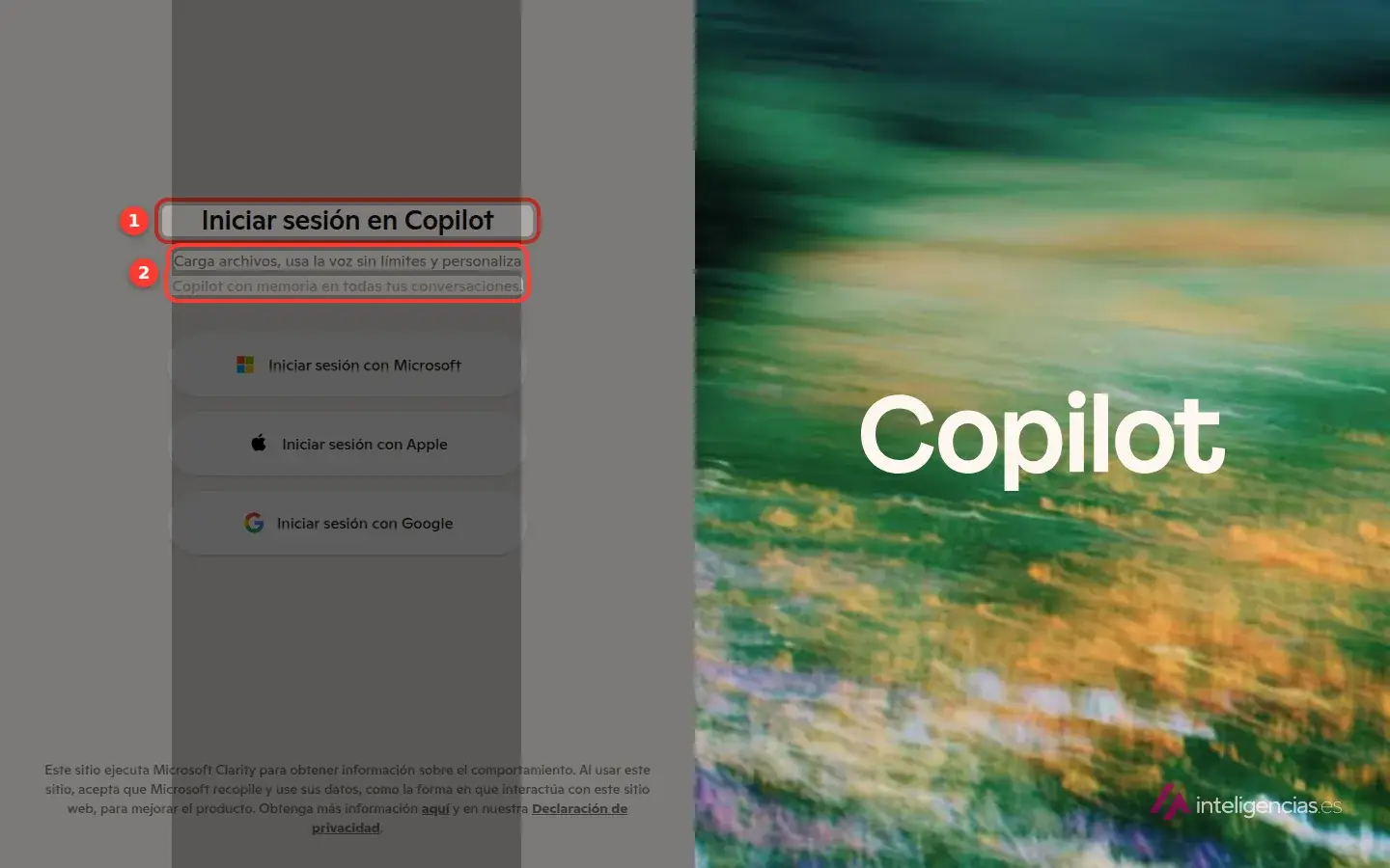 Pantalla de entrada de copilot.microsoft.com con el rótulo Iniciar sesión en Copilot recuadrado y, debajo, el texto de lo que ofrece a cambio de la cuenta