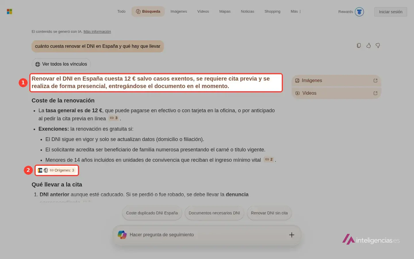 Respuesta de la búsqueda de Copilot en Bing sobre la renovación del DNI, con el titular recuadrado y el contador de orígenes de un bloque señalado
