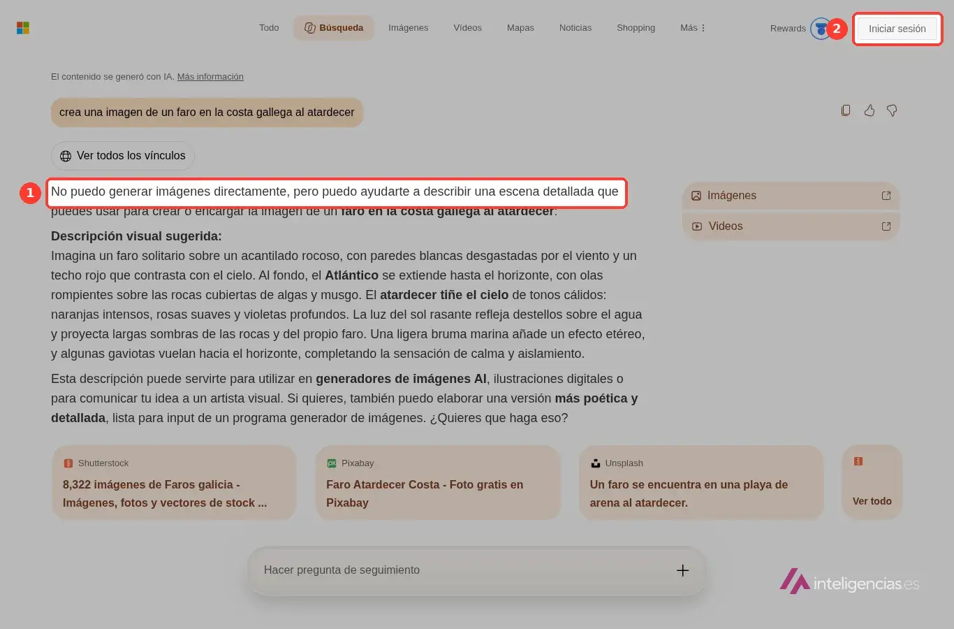 Respuesta de la búsqueda de Copilot en Bing que dice que no puede generar imágenes directamente, recuadrada, con el botón Iniciar sesión señalado arriba a la derecha