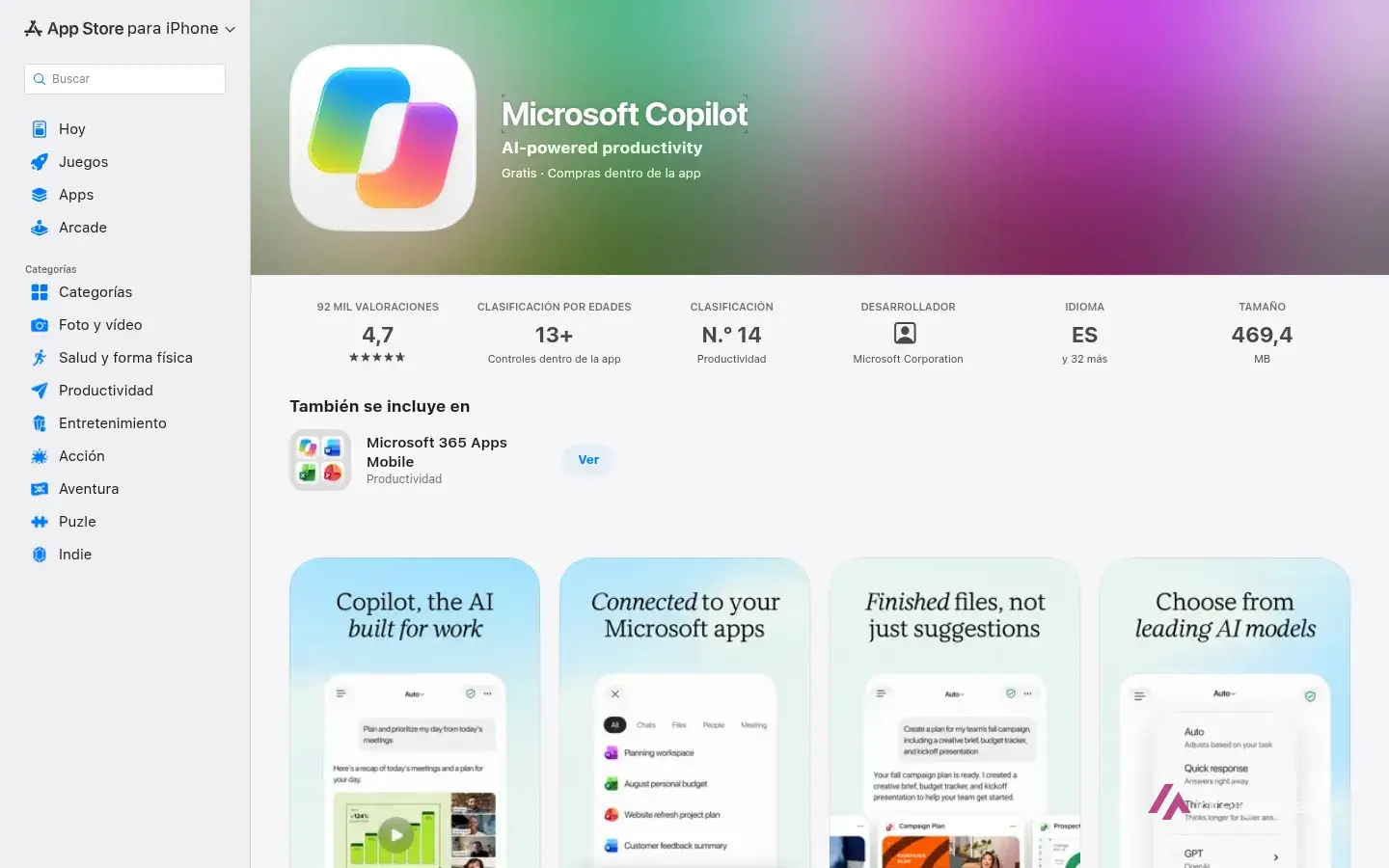 Ficha de la app Microsoft Copilot en el App Store español, gratis y con compras dentro de la app
