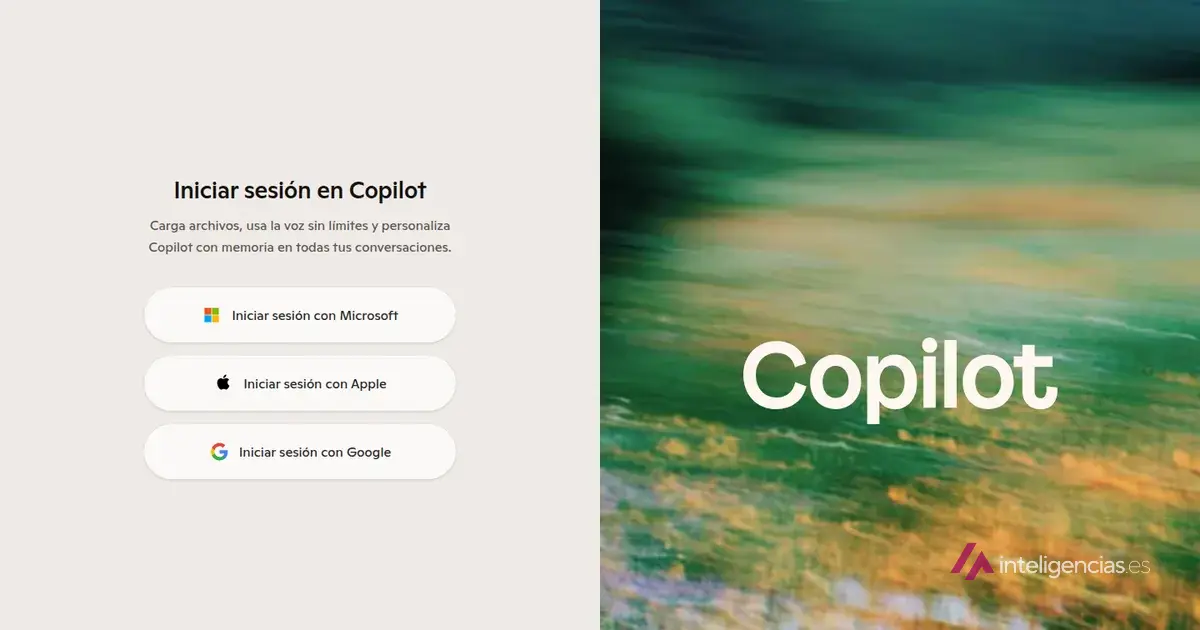 Pantalla de entrada de Microsoft Copilot con los botones para iniciar sesión con Microsoft, Apple o Google